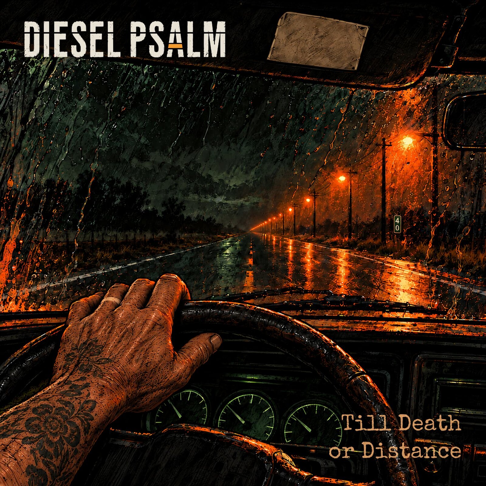 Till Death or Distance album cover: a tattooed hand on the wheel, driving a rain-soaked highway lit by orange streetlights.
